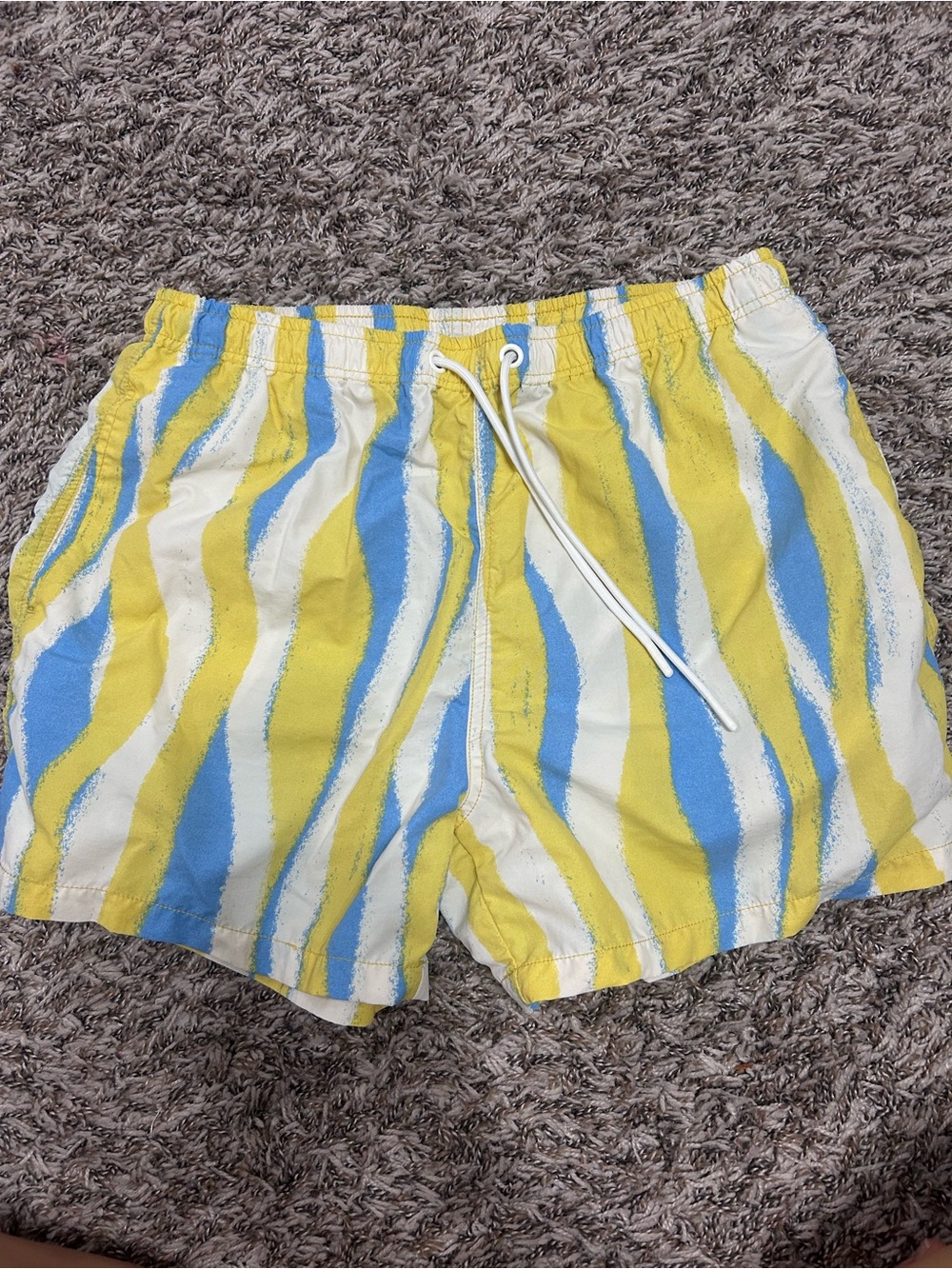Zara Yellow Blue White Wavy Stripe Swim Trunks